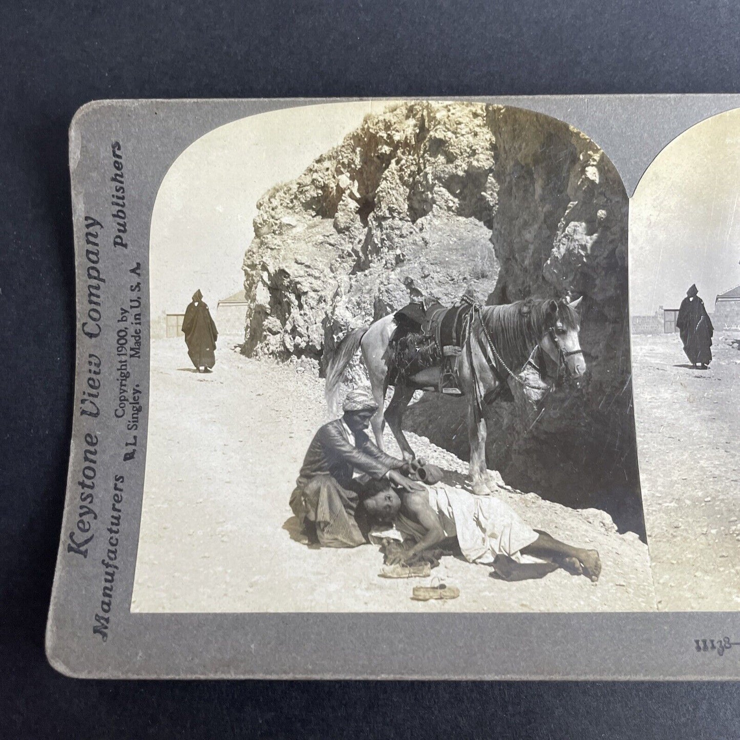 Antique 1900 Aiding A Dying Man Jericho Palestine Stereoview Photo Card P1036