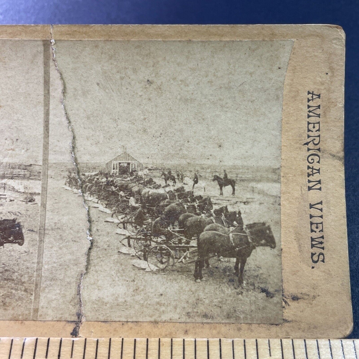 Antique 1860s Starling Sulky Plow Horsemen Stereoview Card DAMAGED P3311