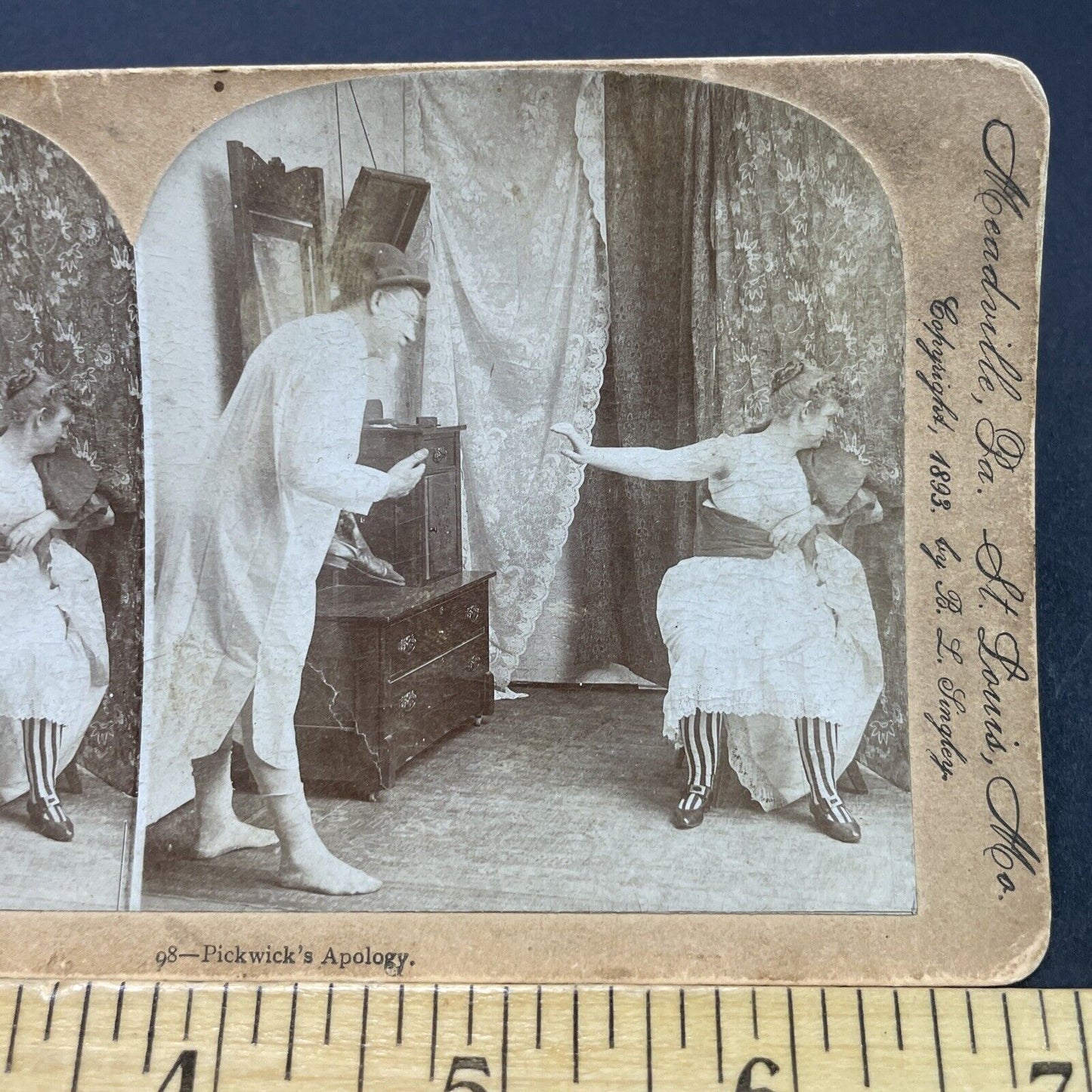 Antique 1893 Man Apologizes For Spying On Woman Stereoview Photo Card P2683