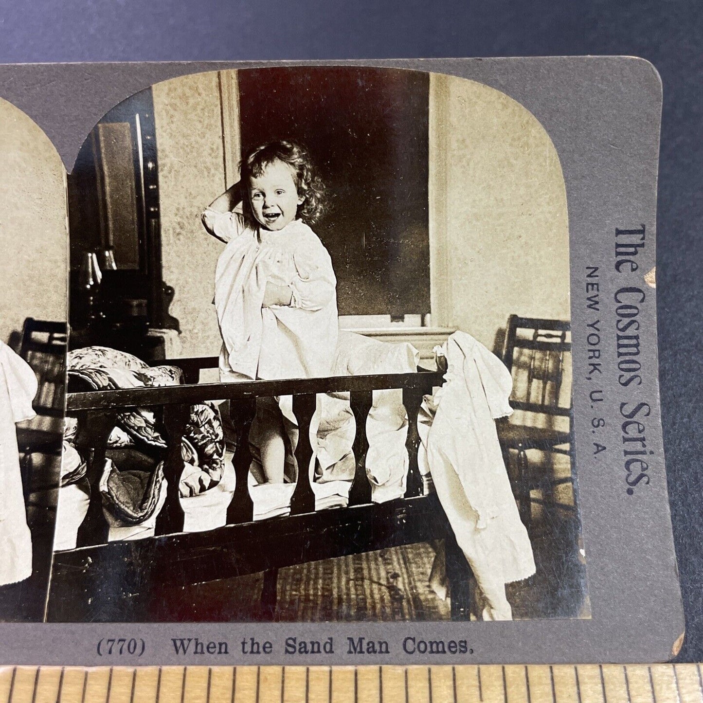 Antique 1890s Victorian Child Nightmare In Bed Stereoview Photo Card P3440