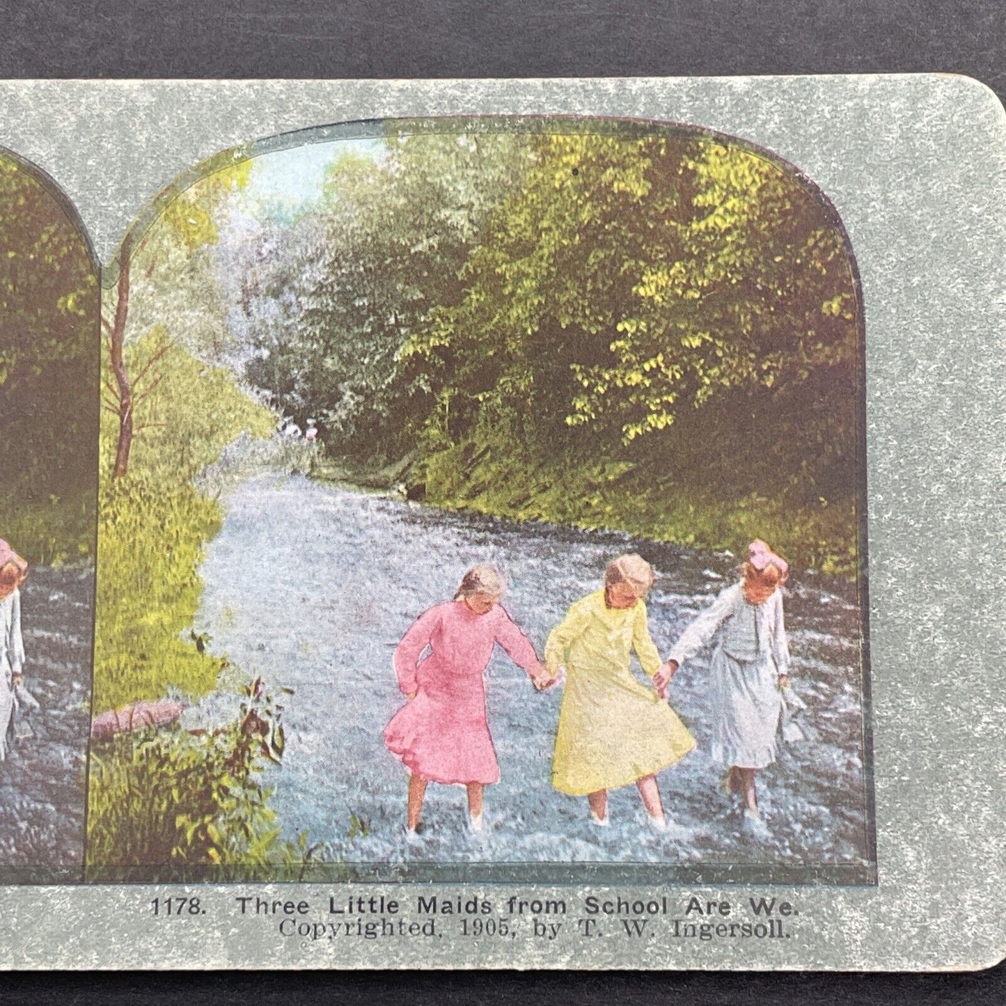 Antique 1905 Three Young Women Crossing River Stereoview Photo Card P580-004