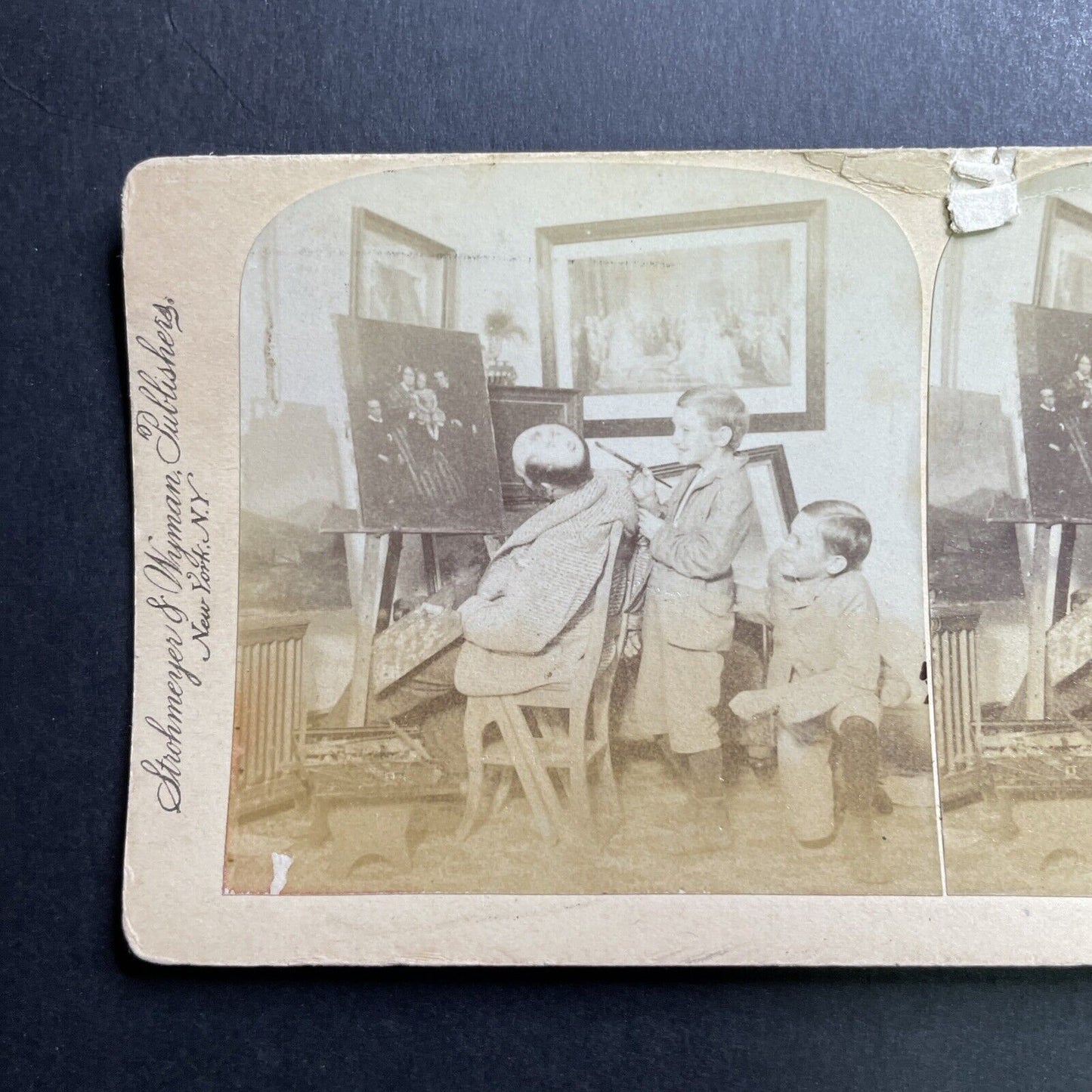 Antique 1891 Boys Prank Sleeping Artist Stereoview Photo Card P1643