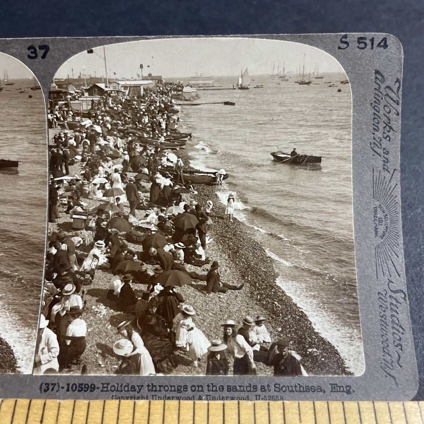 Antique 1906 Beachgoers At Southsea Beach England Stereoview Photo Card P4394