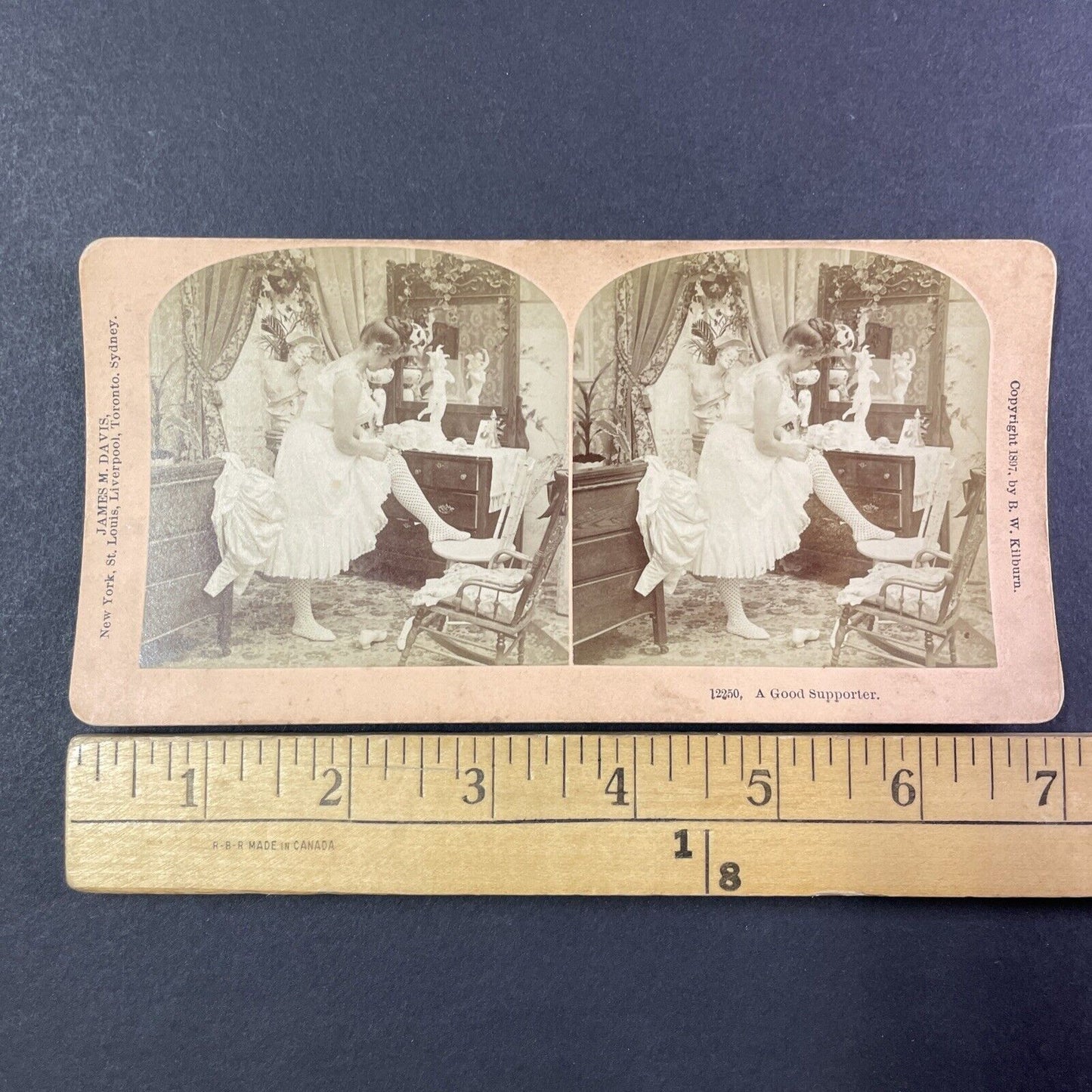 Woman Getting Dressed Pulls Up Stockings Stereoview Antique c1897 Y1799