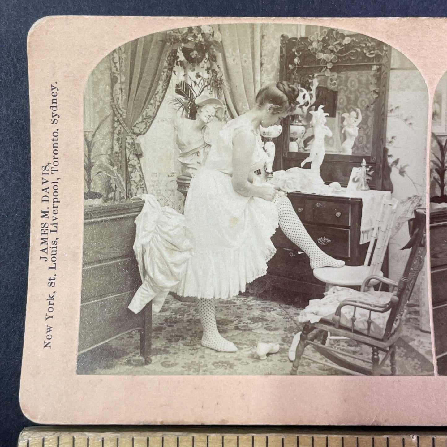 Woman Getting Dressed Pulls Up Stockings Stereoview Antique c1897 Y1799