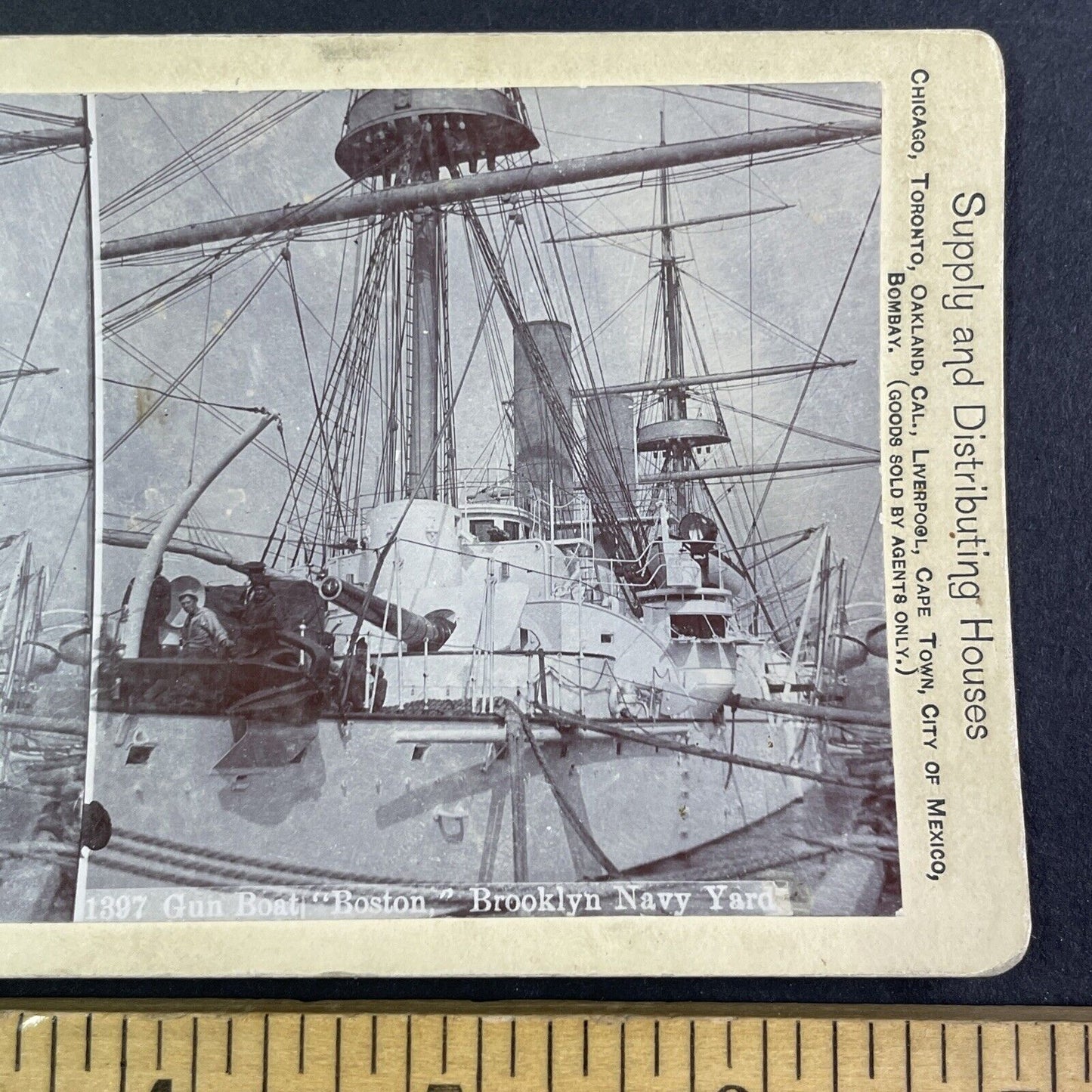 USS Boston Armored Gunboat Ship Stereoview Brooklyn Navy Yard c1890s Y3023