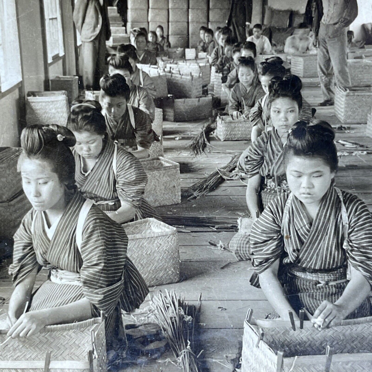 Antique 1920s Teenage Girls Making Baskets Japan Stereoview Photo Card P2058