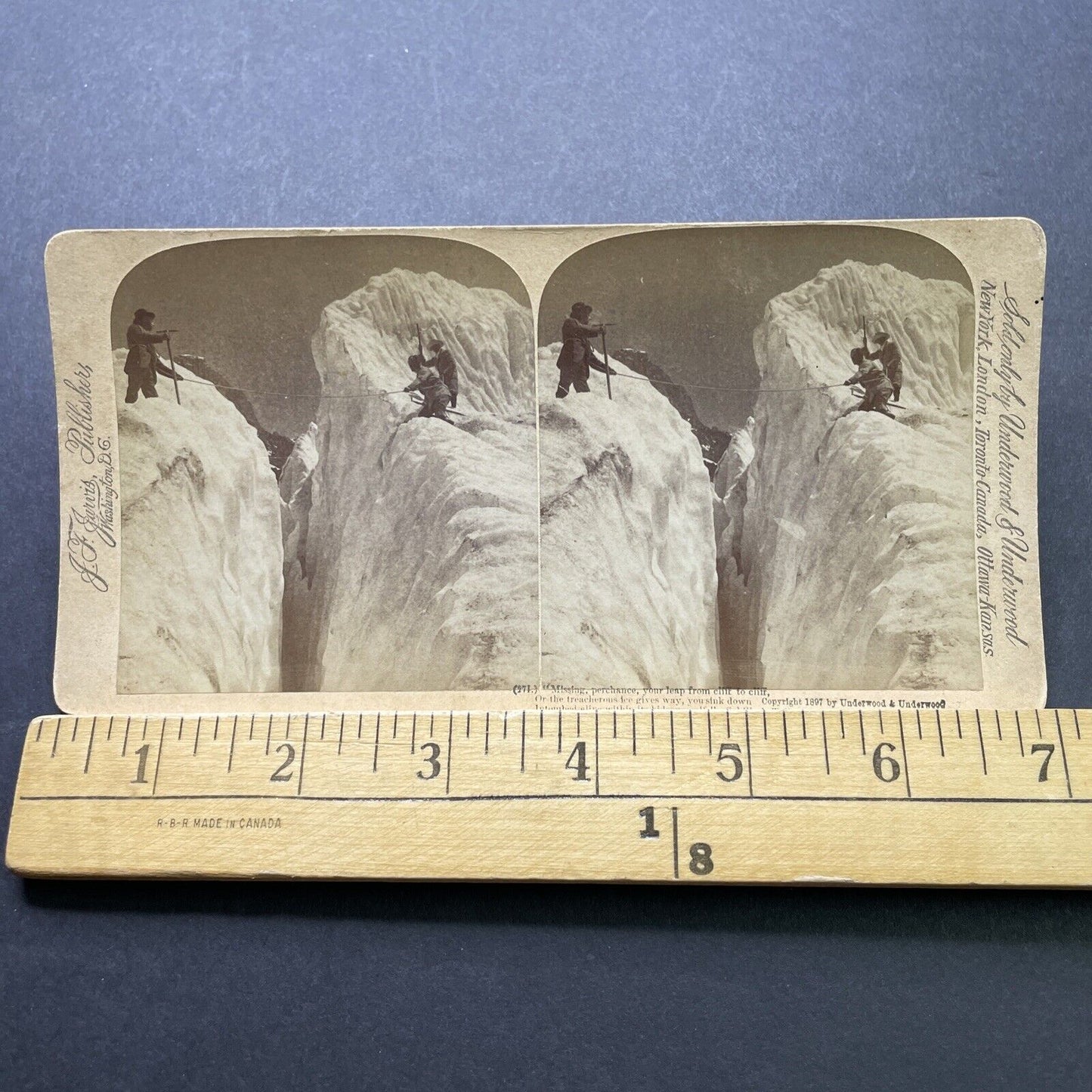 Antique 1897 Jumping Across Glacier Cavern Stereoview Photo Card P2398