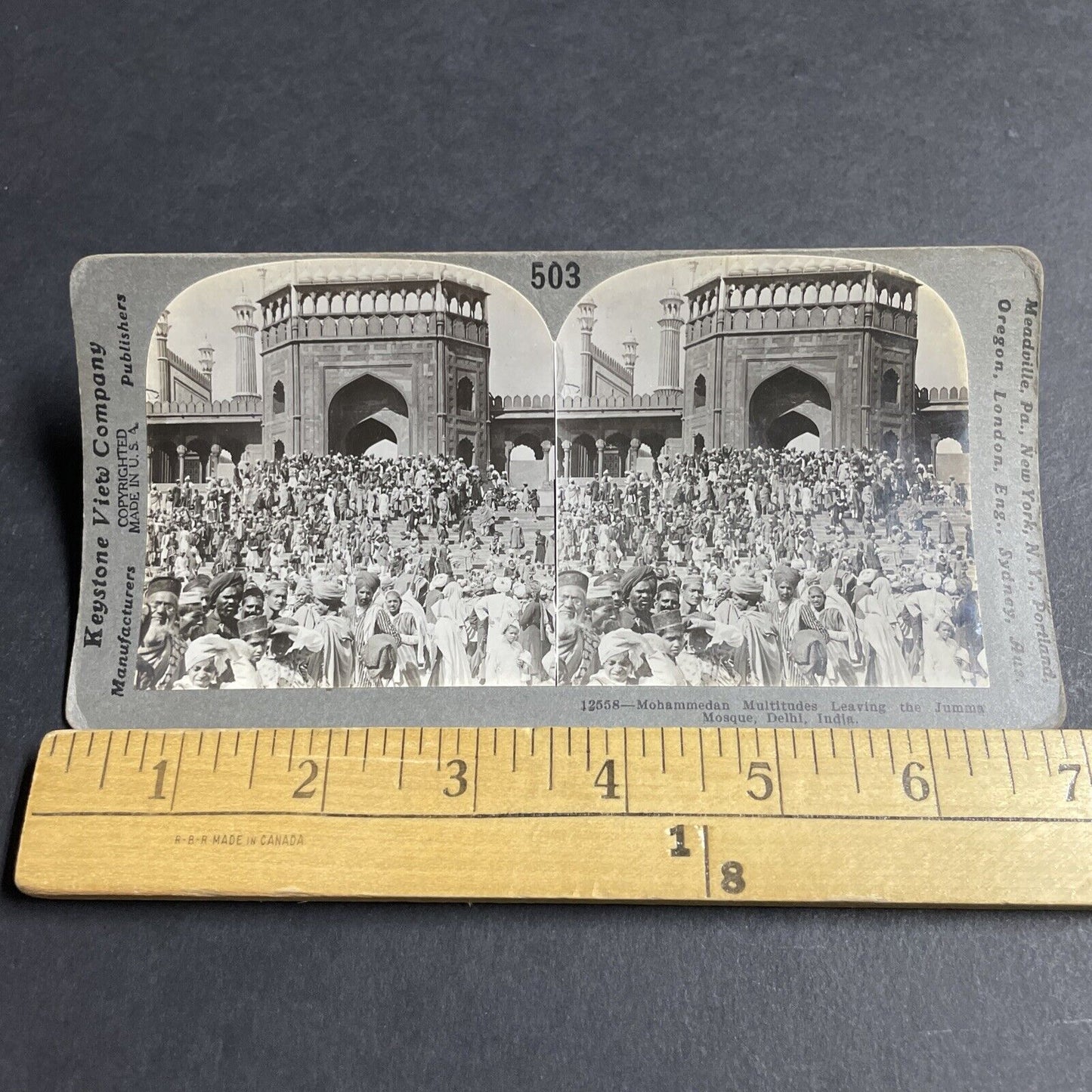 Antique 1906 Mosque & Muslim Worshippers Delhi India Stereoview Photo Card P4450