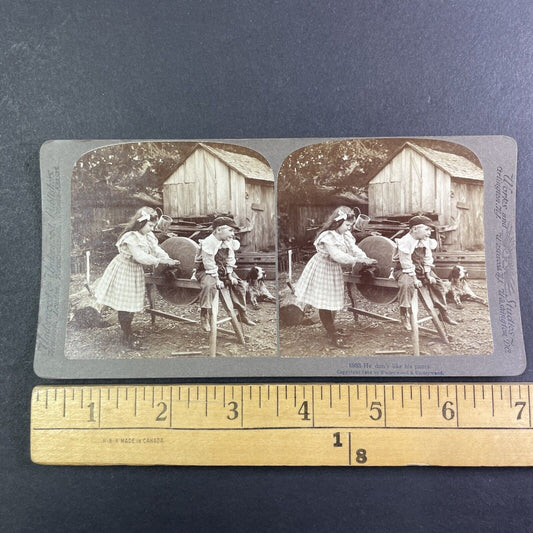 Boy Ruins his Pants on Grinding Wheel Stereoview Antique c1904 Y1352