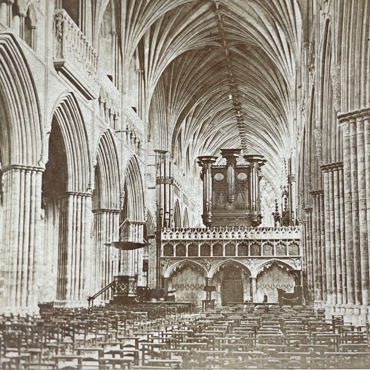 Antique 1898 Exeter Cathedral Church Nave England Stereoview Photo Card V3326