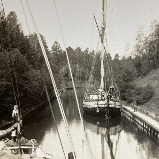 Antique 1910s Fishing Boats On A Canal In Sweden Stereoview Photo Card P5060