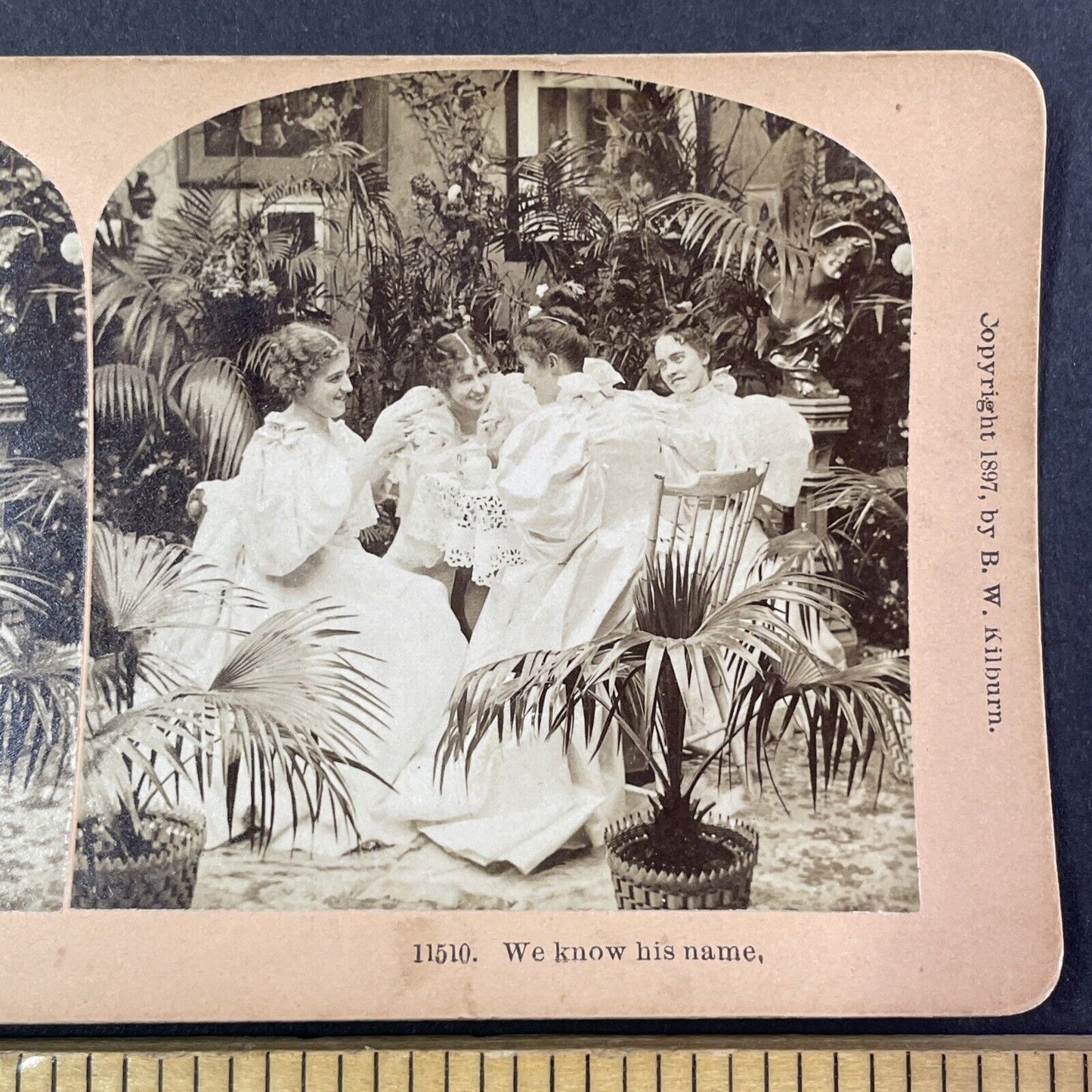 Women Giggling Over Menfolk Stereoview James M. Davis Antique c1897 Y1796