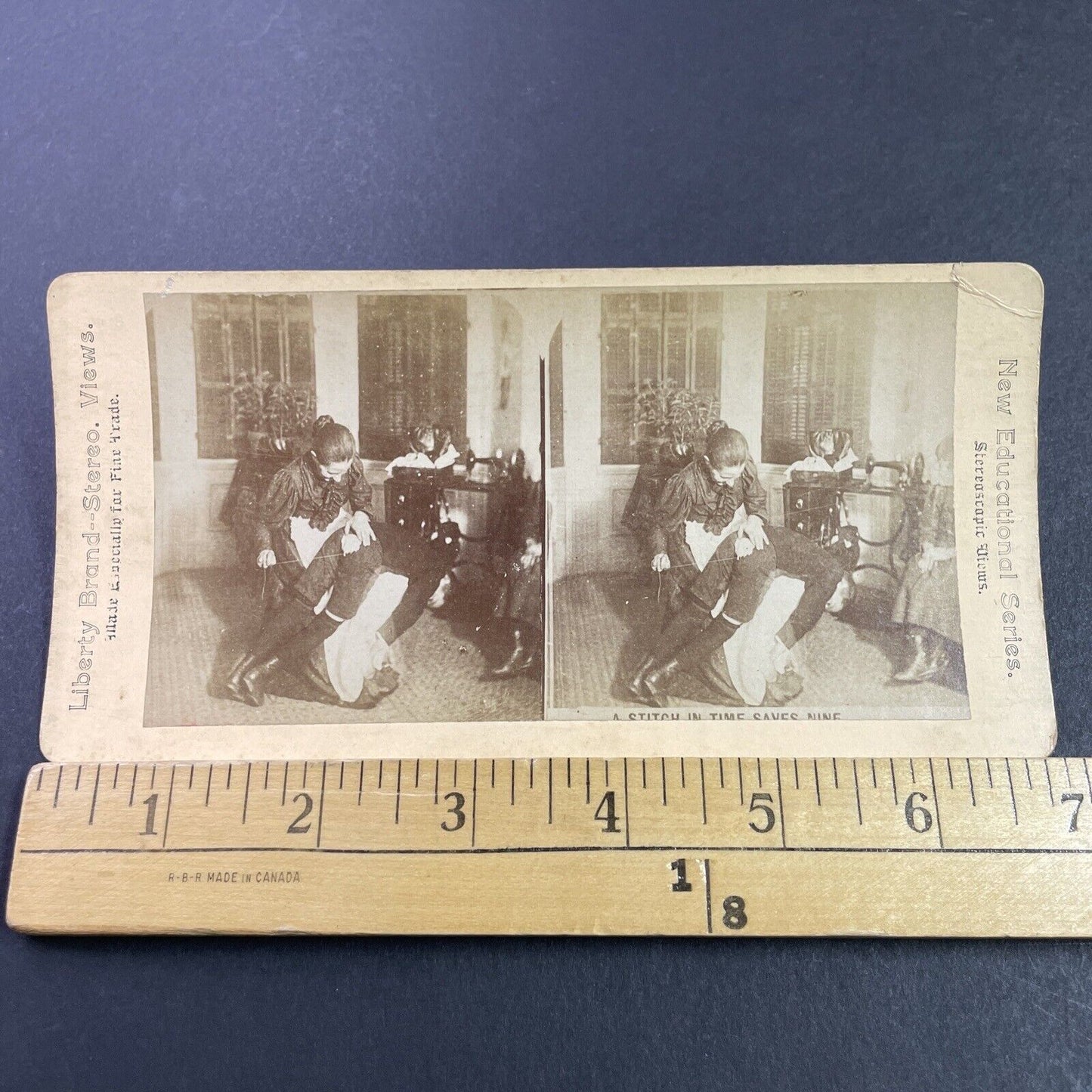 Antique 1880s Mother Stitches A Childs Pants Stereoview Photo Card P3461