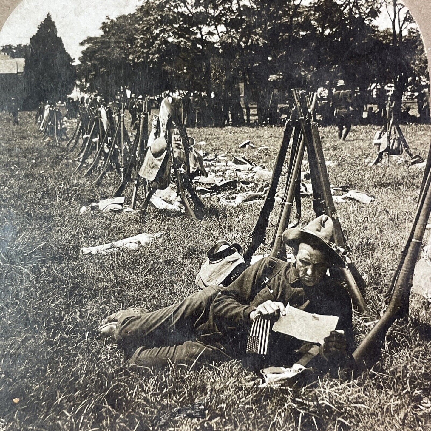 Soldier Reads a Letter from Home Stereoview Spanish American War c1898 Y1715