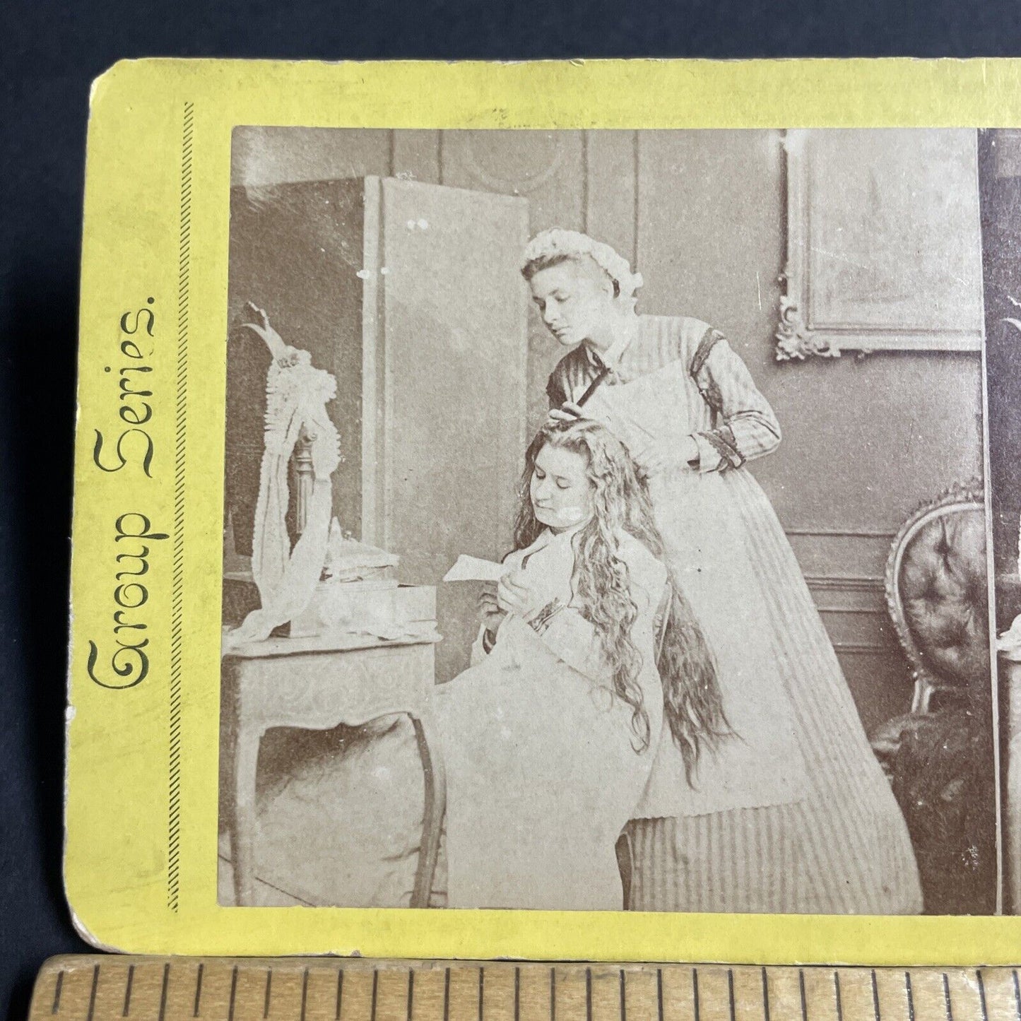 Antique 1870s Maid Servant Fixes Girls Hair Stereoview Photo Card P4815