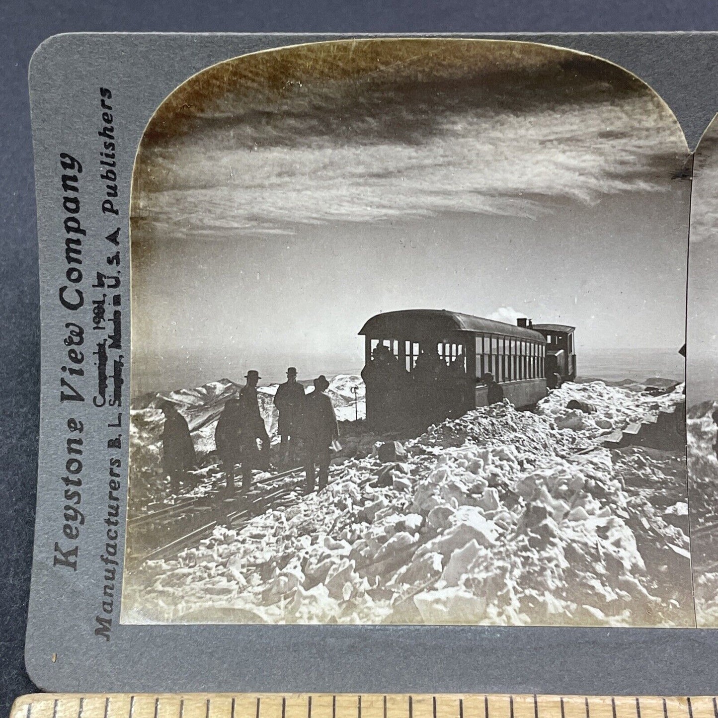 Antique 1901 Pike's Peak CO Railroad Snowstorm Train Stereoview Photo Card V1972