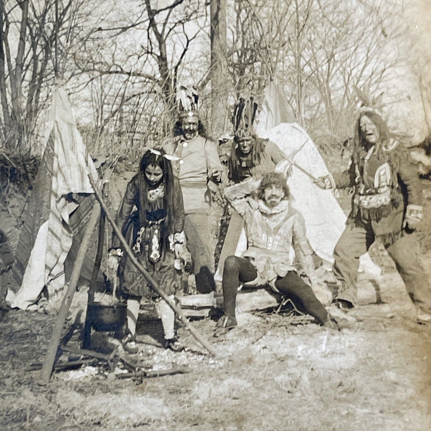 Native Indian Theater Troupe Scalp A Man Stereoview Antique c1910 X2475