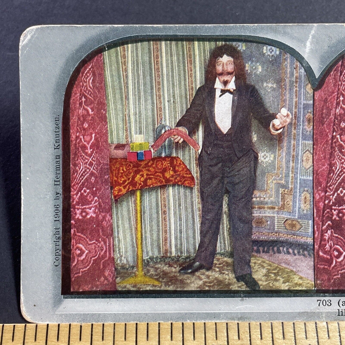 Antique 1906 Circus Magician With A Sausage & Eggs Stereoview Photo Card Q2264