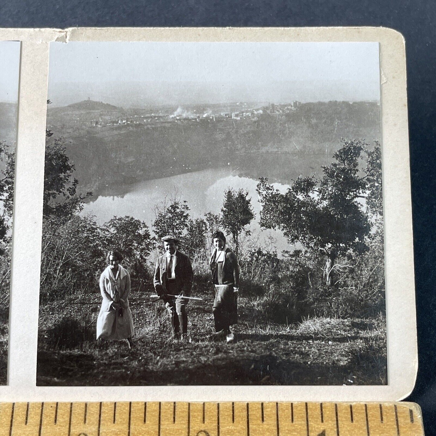 Antique 1925 Women Smile At Lake Nemi Italy OOAK Stereoview Photo Card P3251