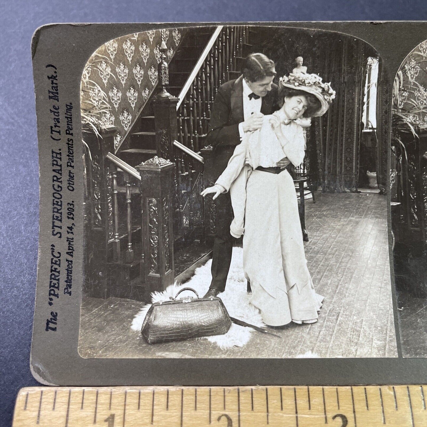 Antique 1902 Man Helps Woman With Her Coat Stereoview Photo Card P2894