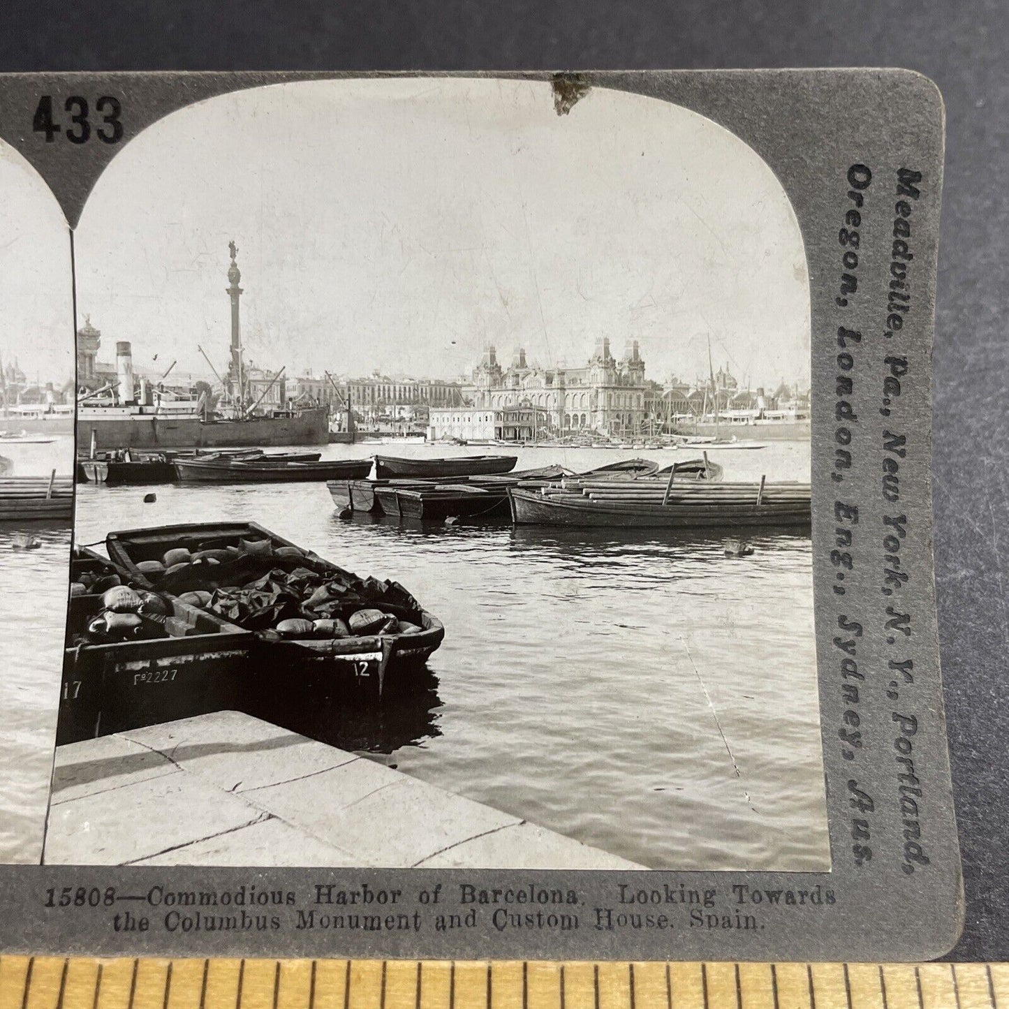 Antique 1920s Barcelona Spain View From Harbor Stereoview Photo Card P5501