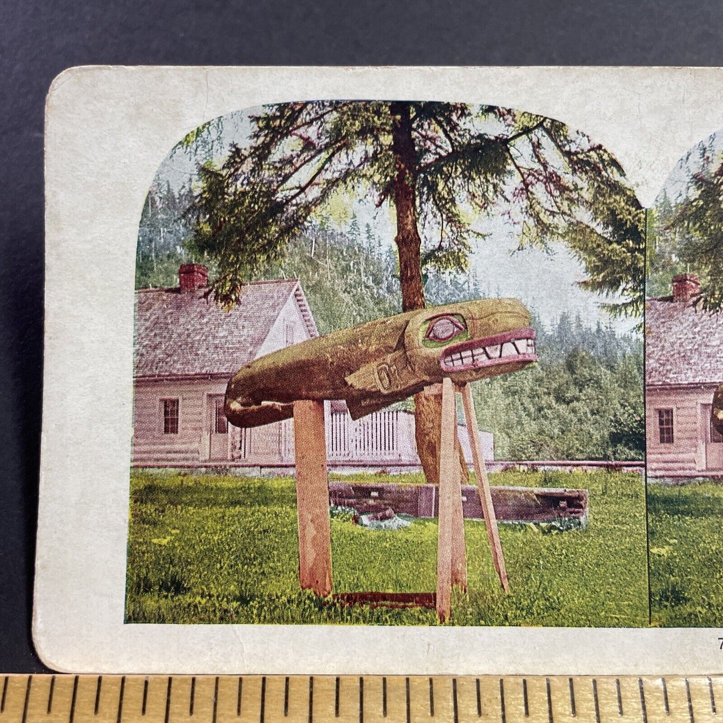 Antique 1905 Whale Totem Pole In Wrangell Alaska Stereoview Photo Card Q2240