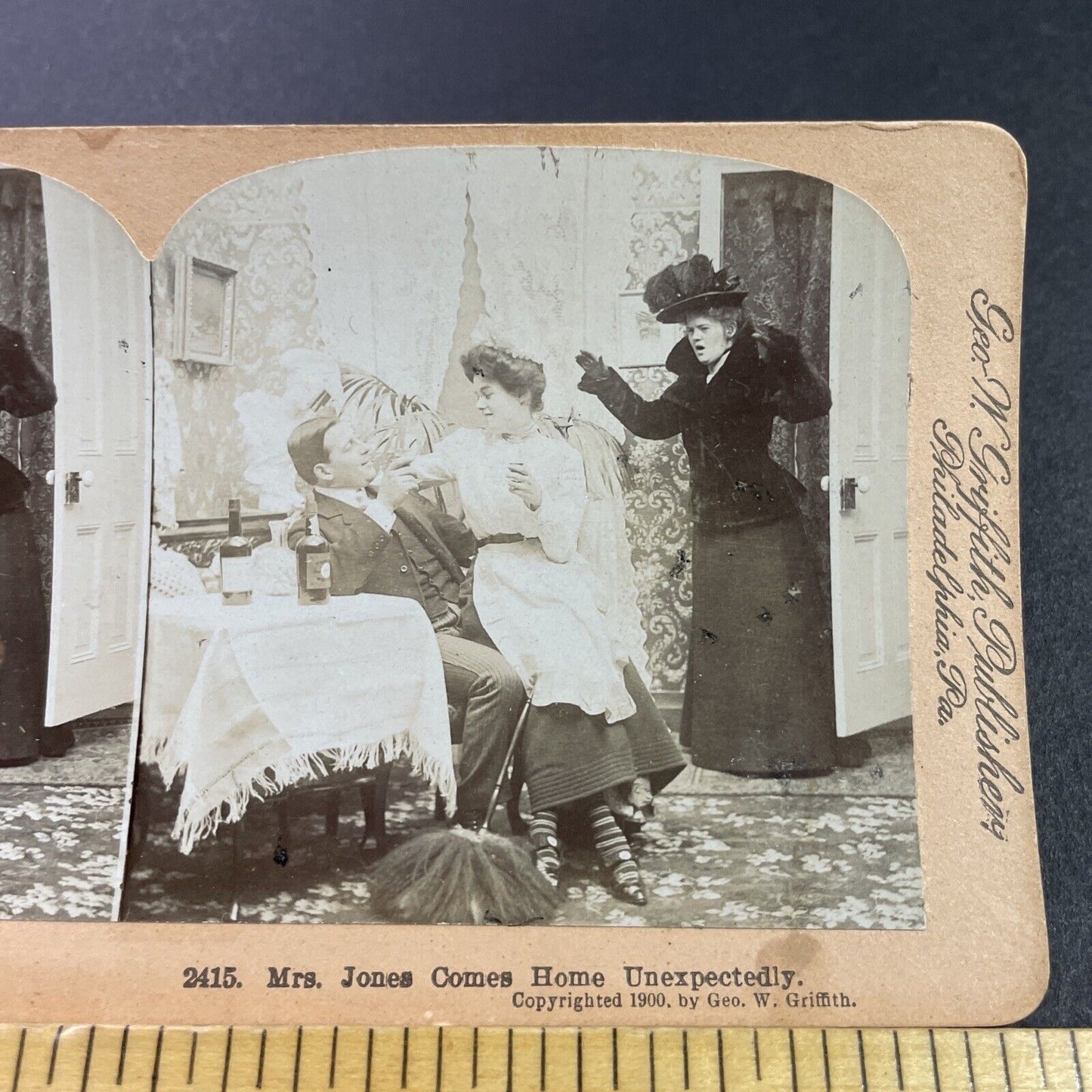 Antique 1900 Wife Catches Husband Having An Affair Stereoview Photo Card P3424