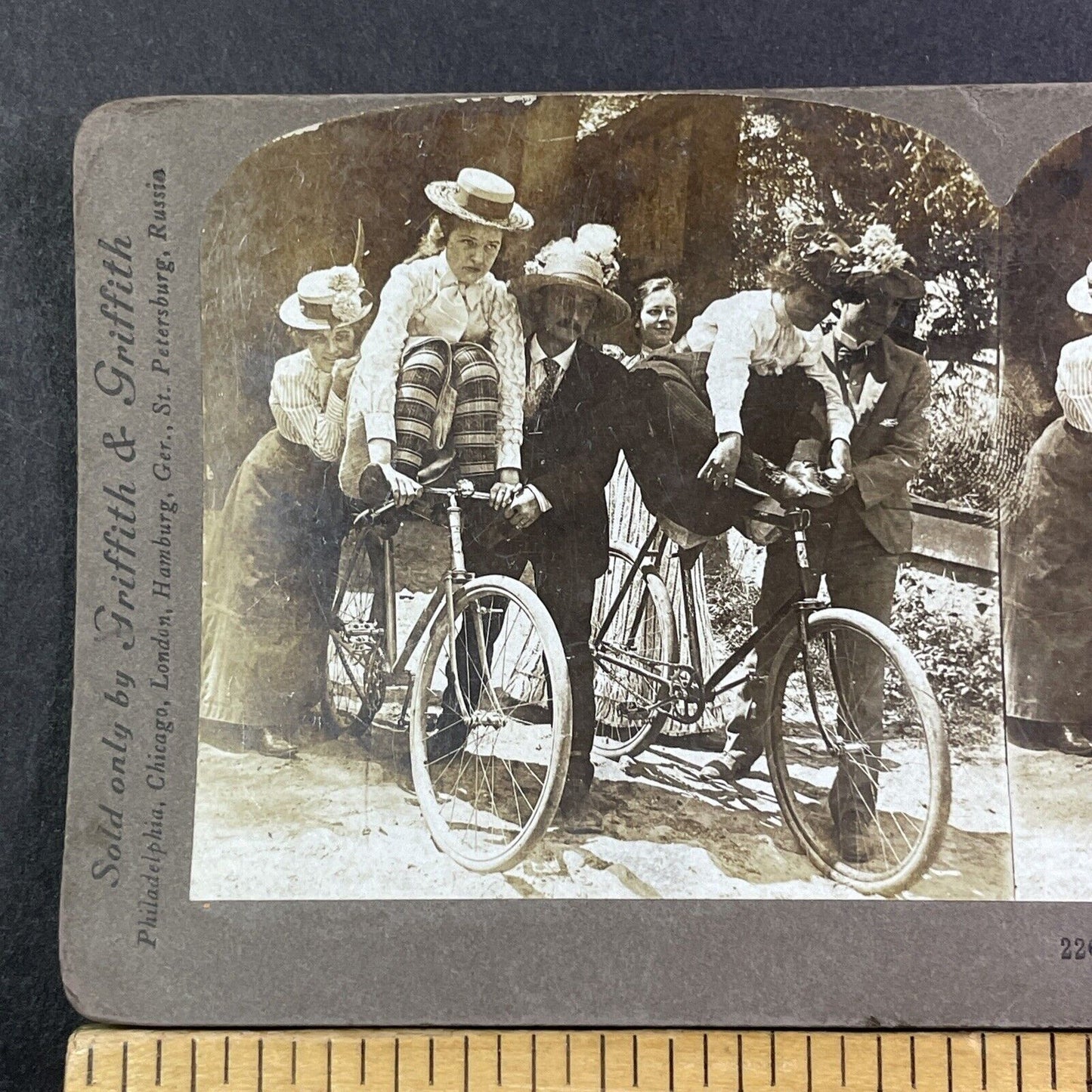 Women Stunt Driving On A Lansing Cycle Co Bicycle Stereoview Antique c1905 X1898