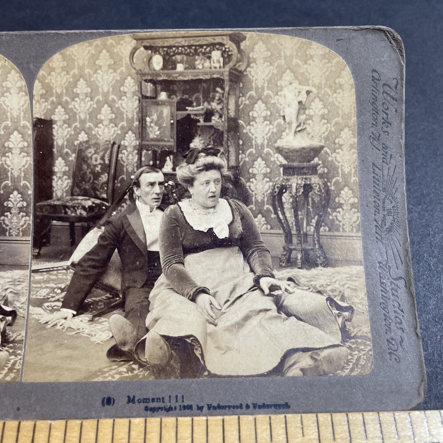 Antique 1901 Tall Strong Woman Breaks Chair Sitting Stereoview Photo Card P4925