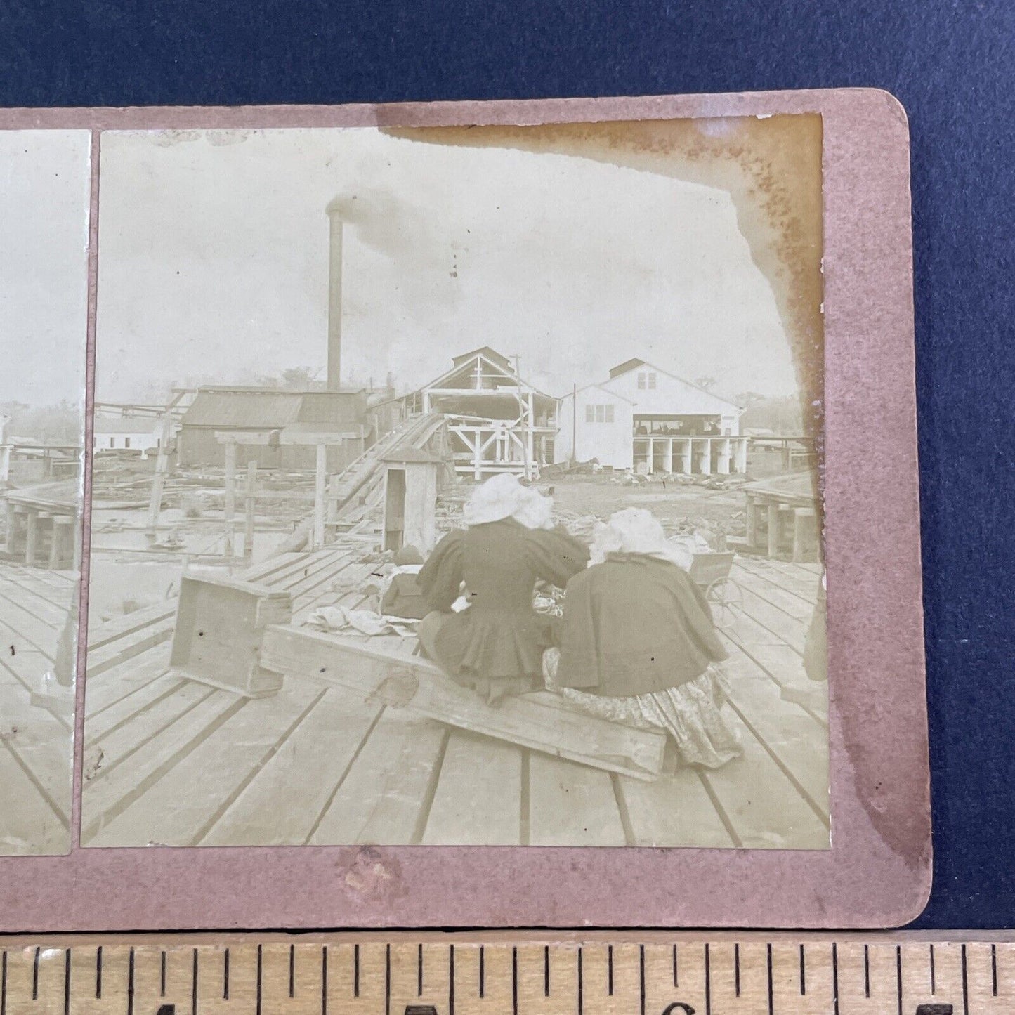 Women At Fish Factory Port Town Stereoview Quebec Quebecois Antique c1890 X1811