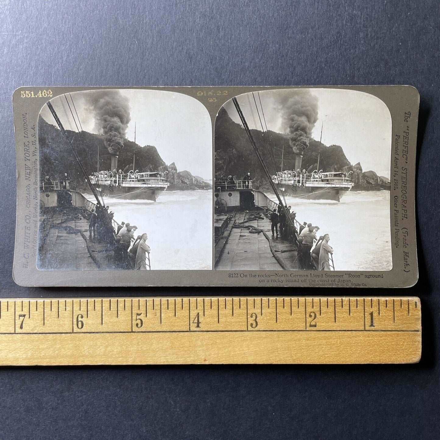 Antique 1907 SS Roon Norddeutscher Run Aground Japan Stereoview Photo Card P1011