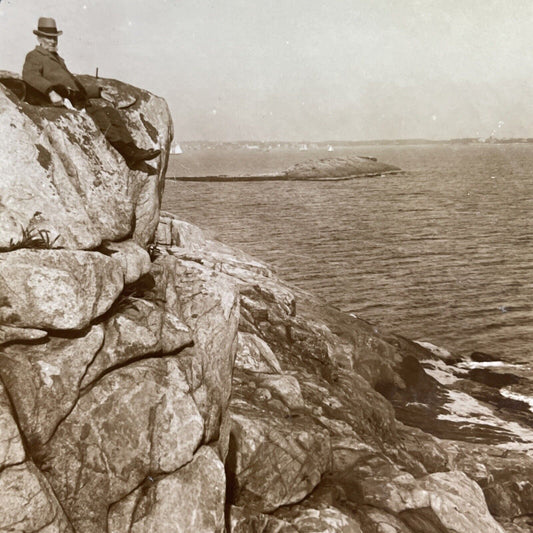 Antique 1902 Man Sits At Cliff Edge Cape Ann Mass. Stereoview Photo Card P1451