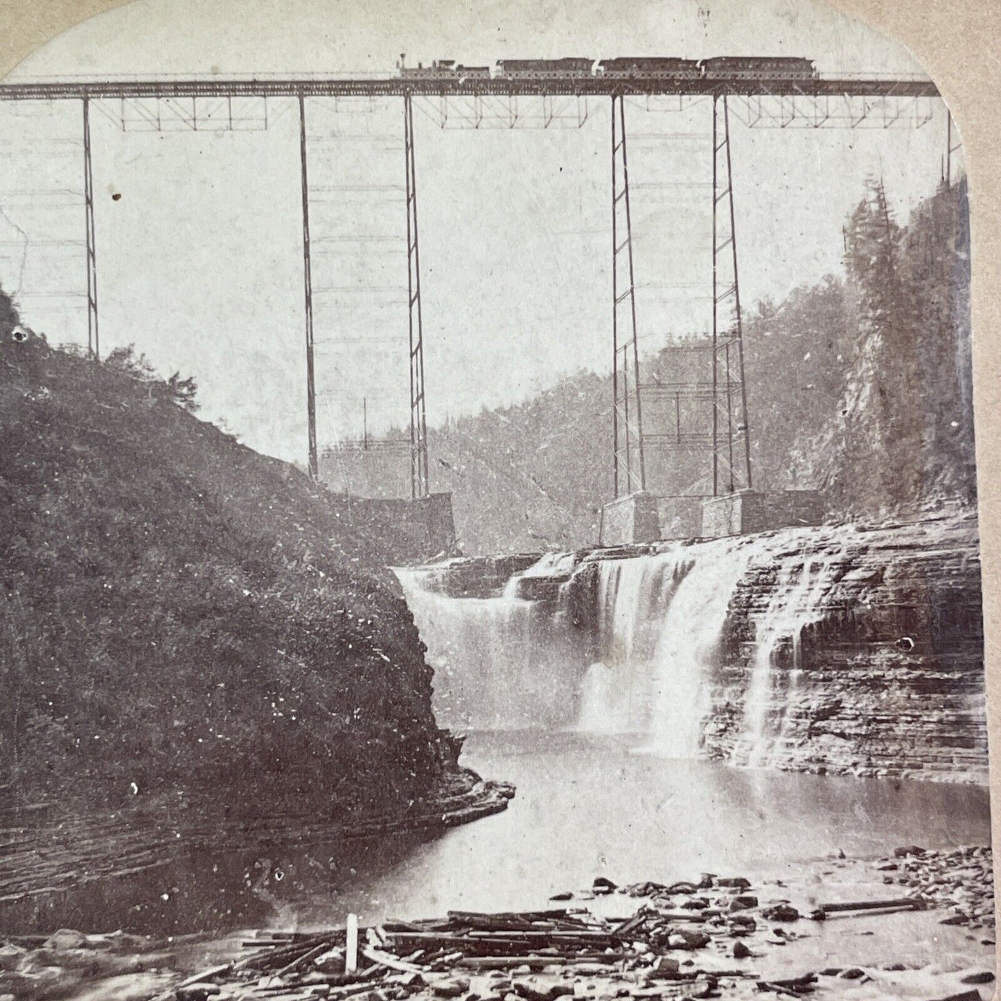 Portage Falls Train Bridge in New York Stereoview Charles Birestadt c1875 X1939