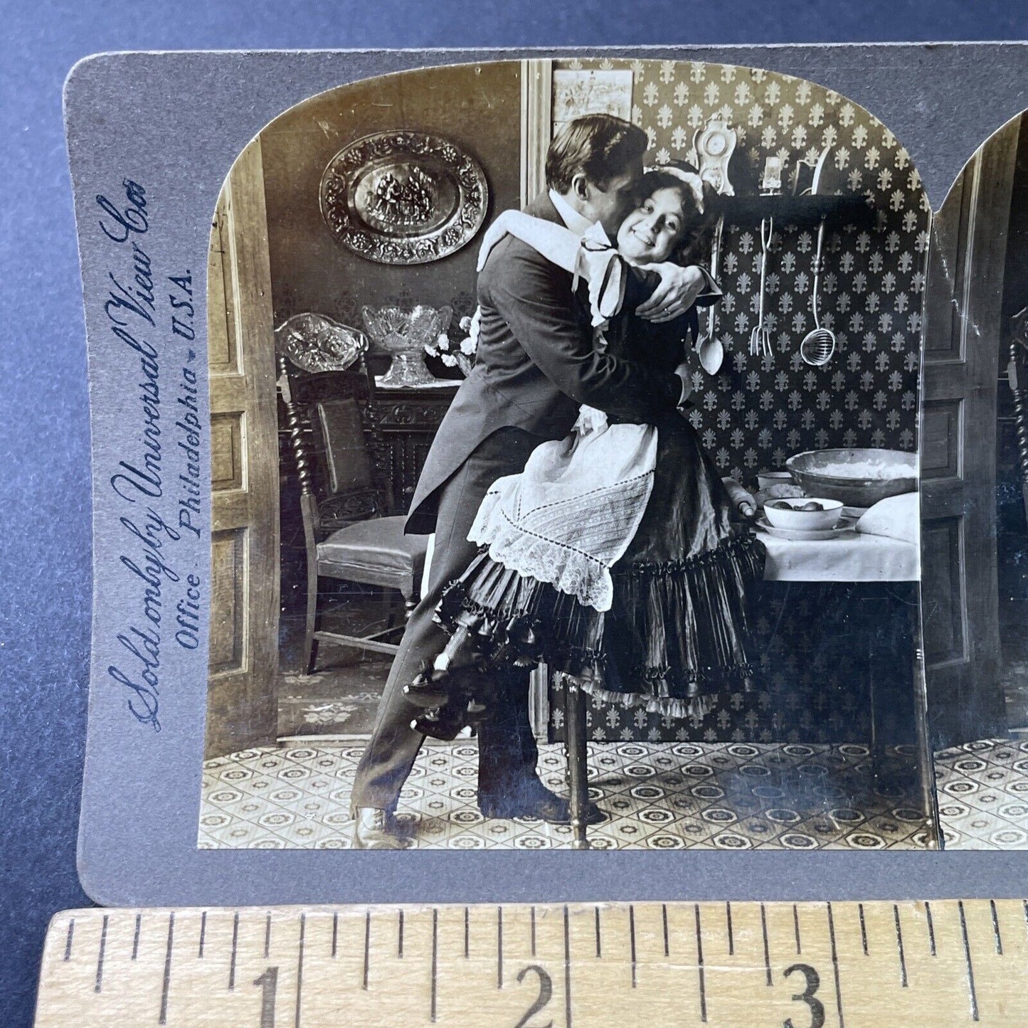 Antique 1902 Man Kisses His French Maid Servant Stereoview Photo Card P3017