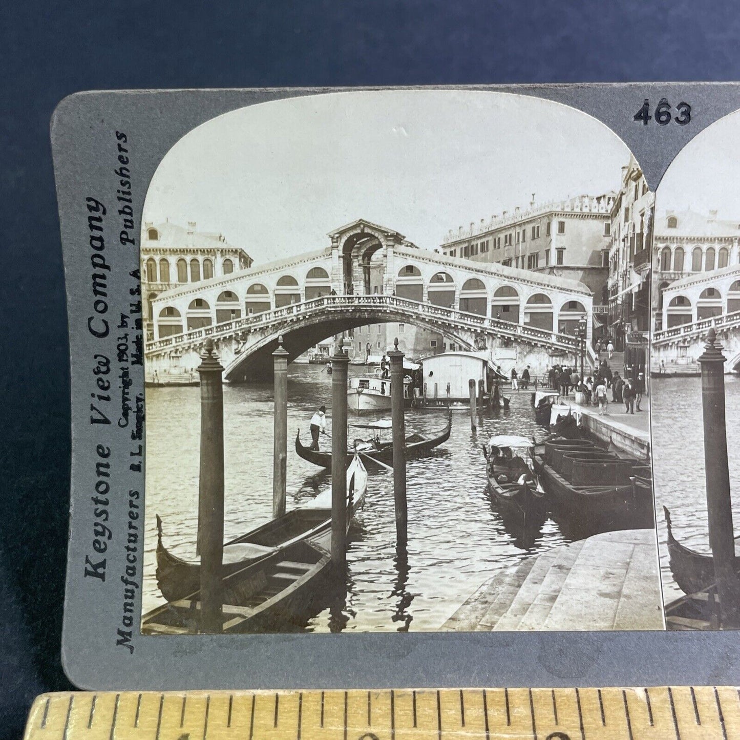 Antique 1903 The Rialto Bridge In Venice Italy Stereoview Photo Card P2182