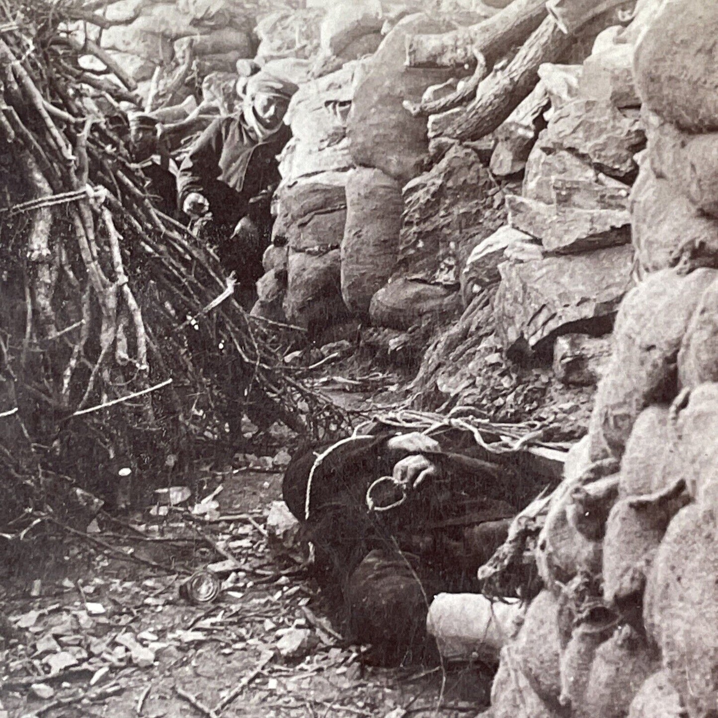 Japanese Soldier Dead In Trench Stereoview Dalian China Antique c1905 X2809