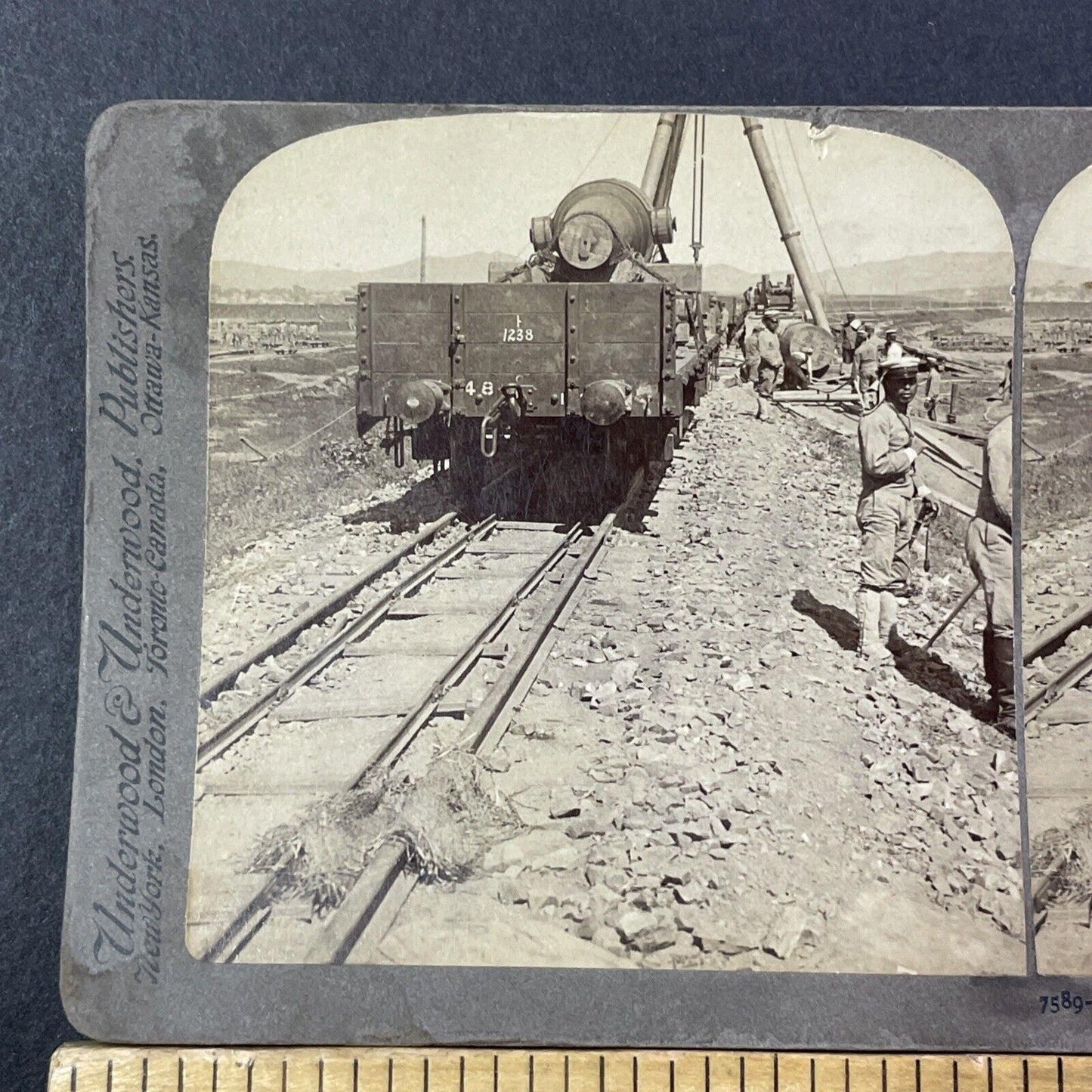 Japanese Heavy Guns On Rail Stereoview Dalian China Antique c1905 X2811