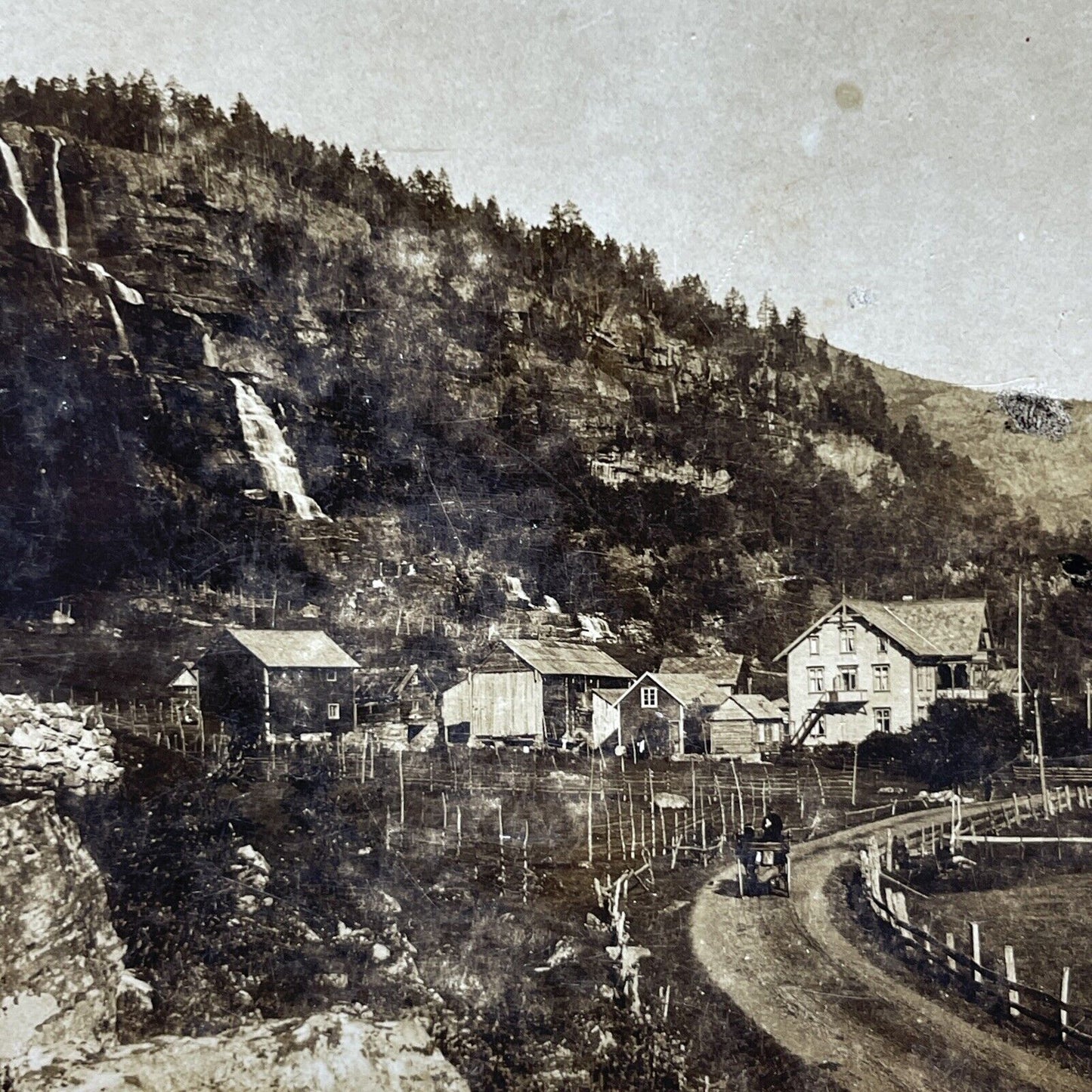 Antique 1900 Hillside Waterfall Oslo Norway Stereoview Photo Card P1837