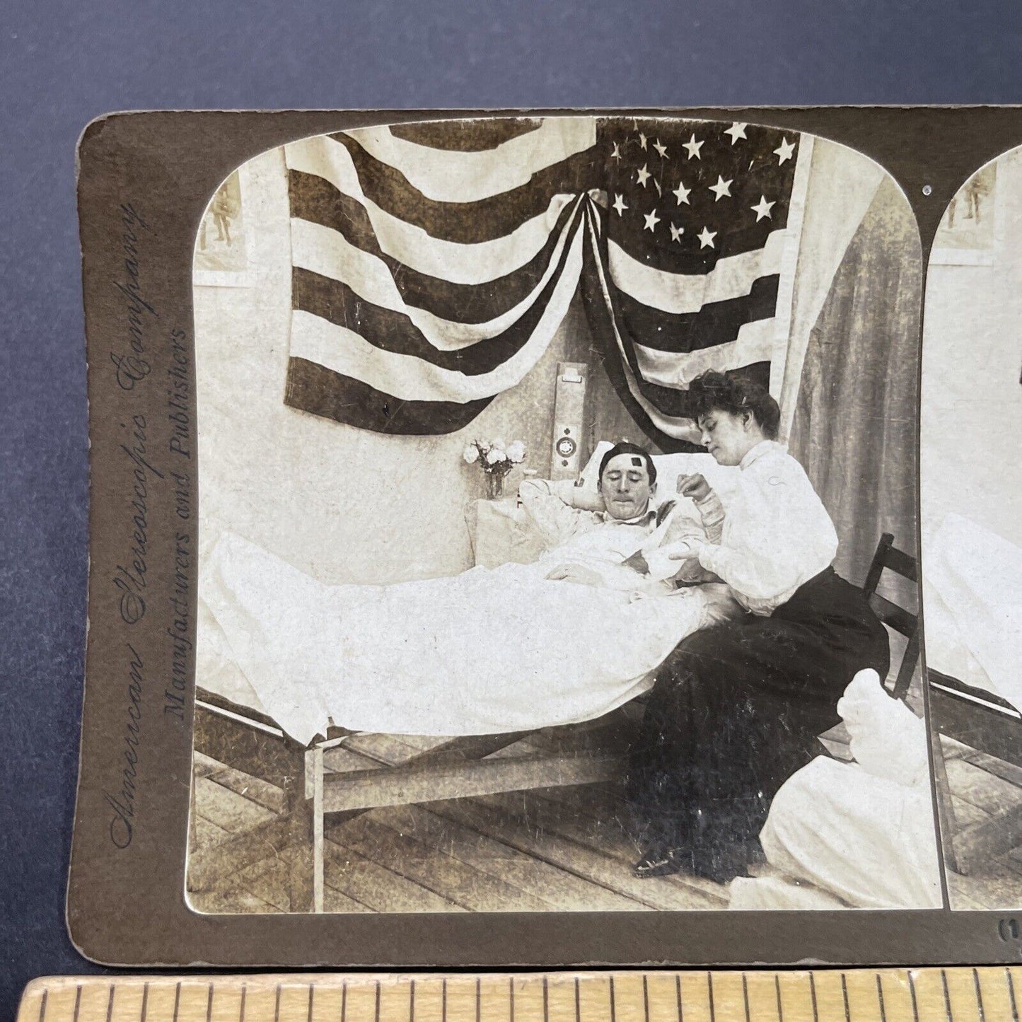 Antique 1906 Wounded US Soldier Sits With Wife Stereoview Photo Card P3112