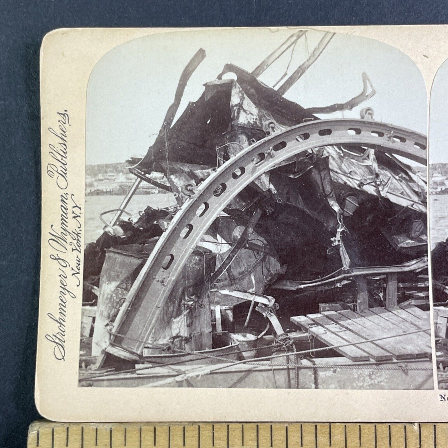 USS Maine Navy Cruiser Sunk Sinking Wreck Stereoview Antique c1898 X3152