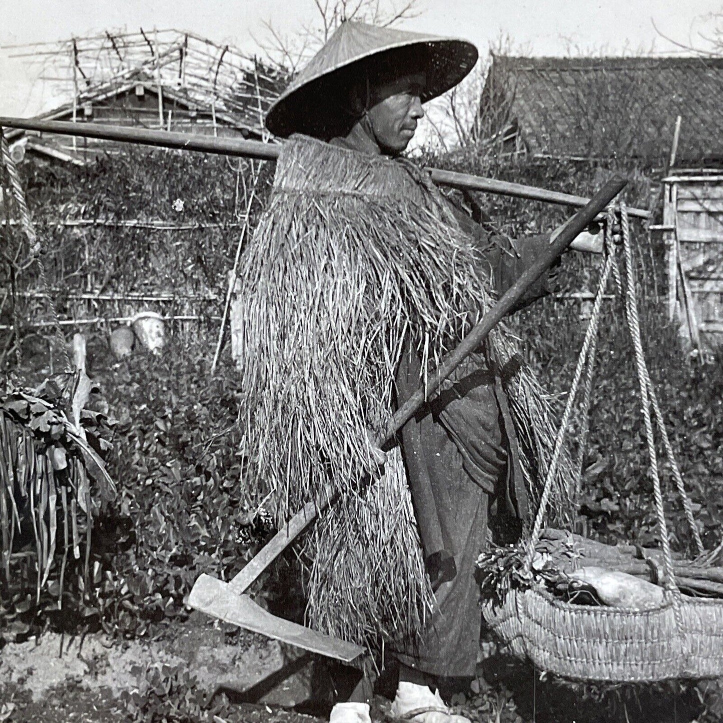 Antique 1901 Man Wears Homemade Raincoat In Japan Stereoview Photo Card P4237