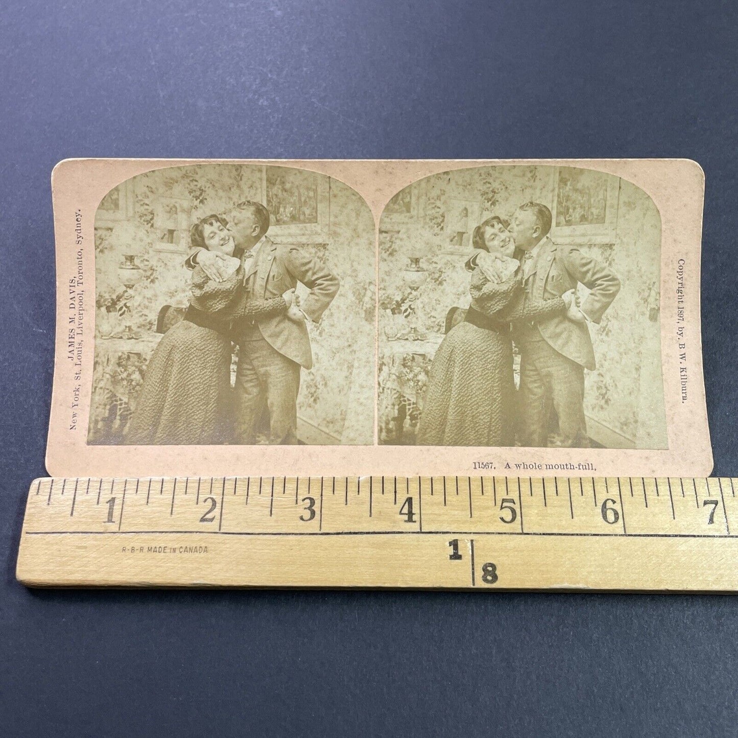 Antique 1897 Man Happily Kisses Wife In Room Stereoview Photo Card P3963