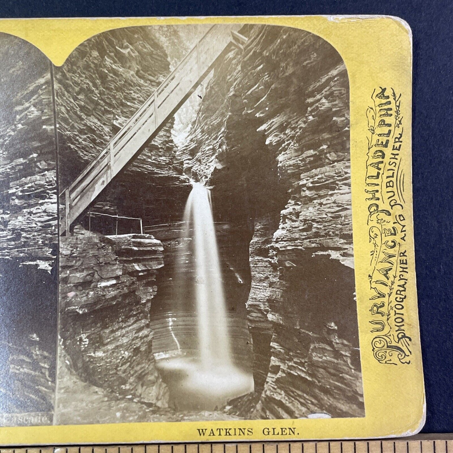 Lehigh Valley Railroad Stereoview Cavern Falls Watkins Glen Antique c1870s Y2167