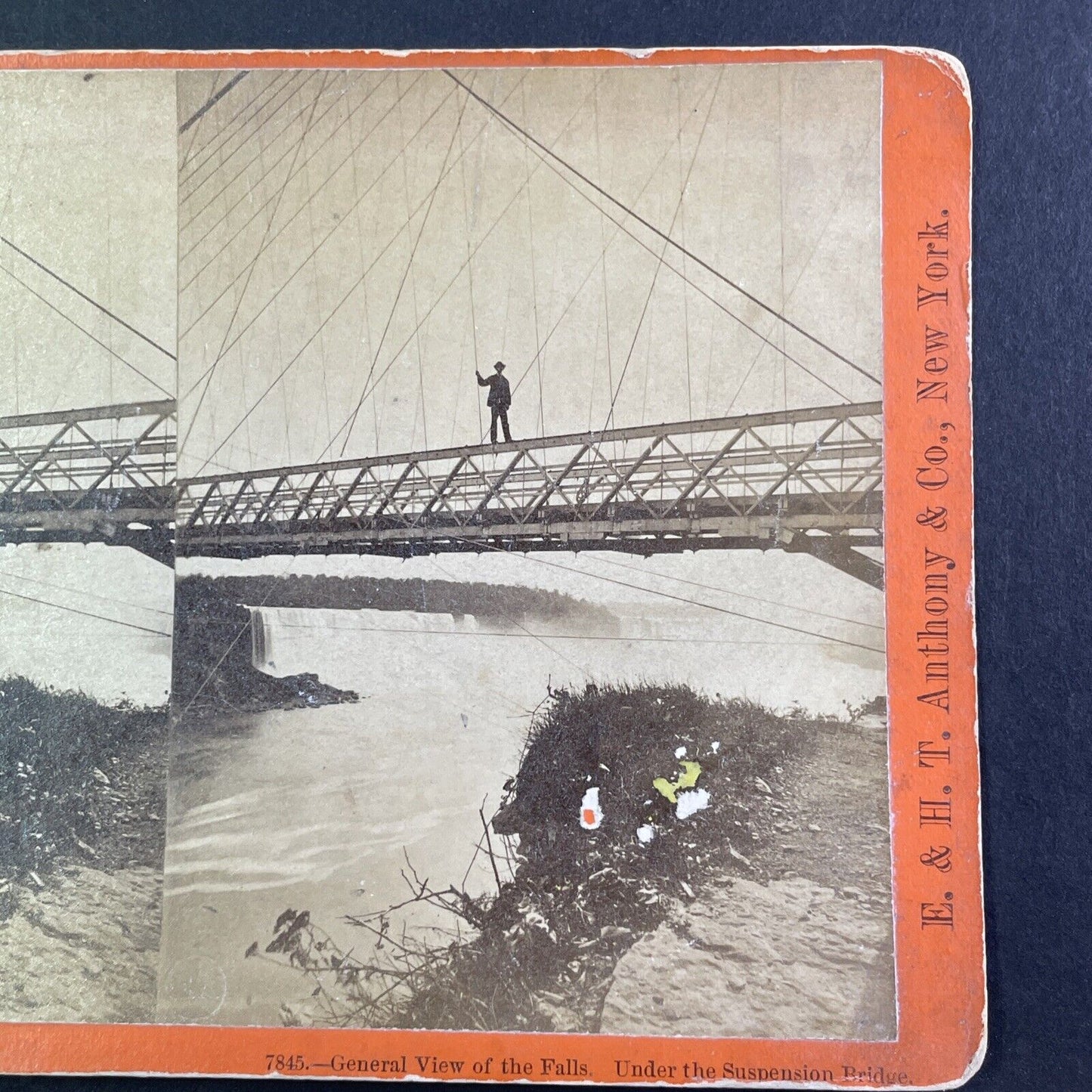 Niagara Falls Daredevil Balancing on Beam Stereoview E & HT Anthony c1870 Y1748