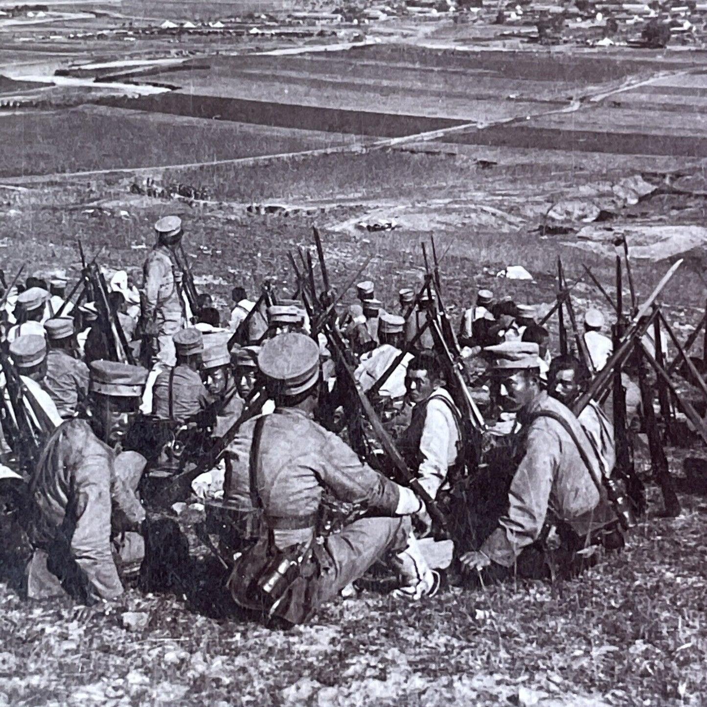 Japanese Troops Awaiting Orders Stereoview Dalian China Antique c1905 X2806