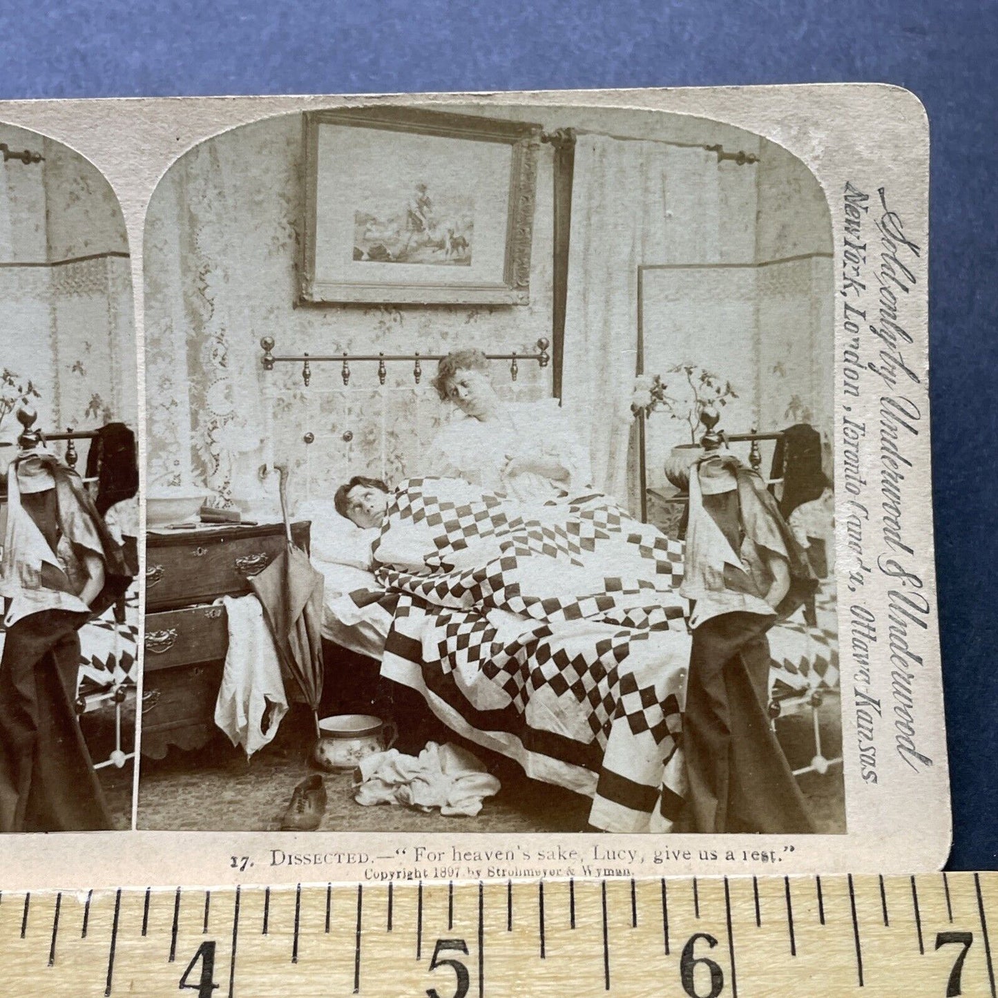 Antique 1897 Woman Wakes Husband For Work Stereoview Photo Card P2405