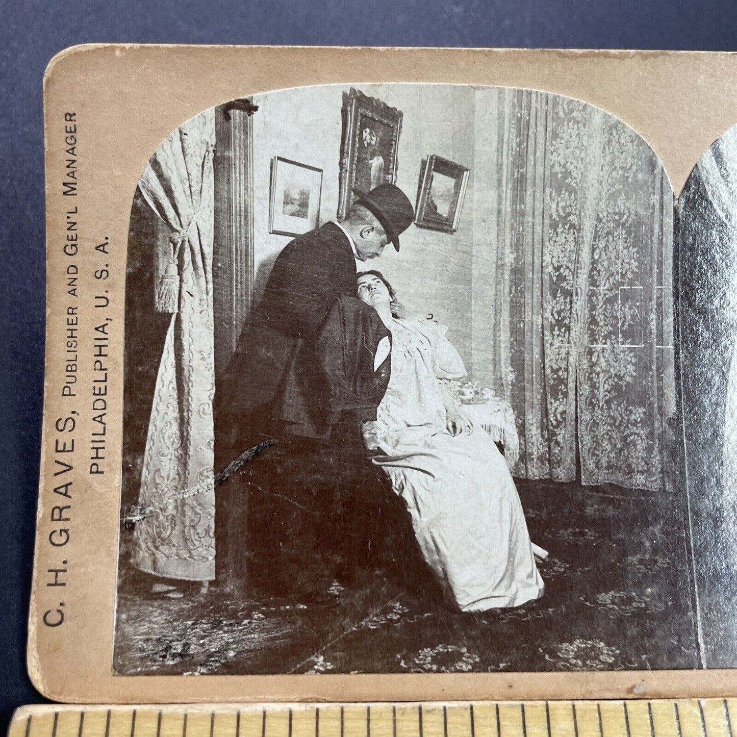 Antique 1897 Banker Kisses His Wife Goodbye Stereoview Photo Card P3513