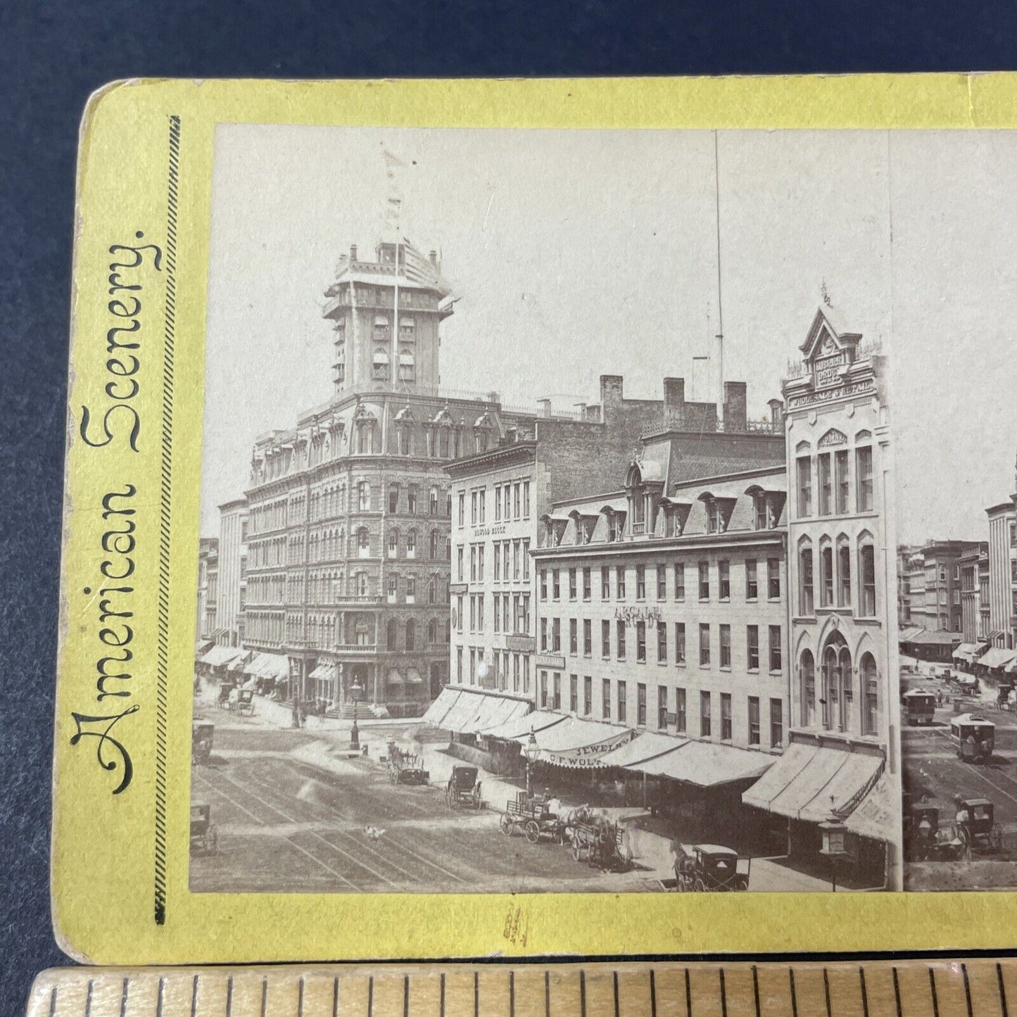 Antique 1870s Arcade & Powers Buildings Rochester Stereoview Photo Card P381-04