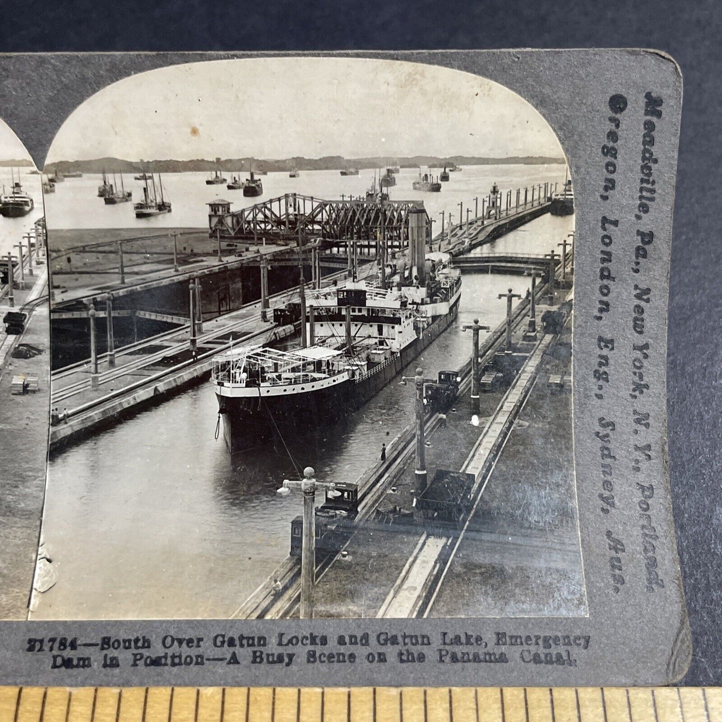 Antique 1910s Boat Vessel Ship In Panama Canal Stereoview Photo Card P4580